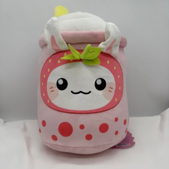 NWT Honeymaru Strawberry Bunny Plush Bubble Tea Cup Kawaii Pink 15” - Picture 1 of 10